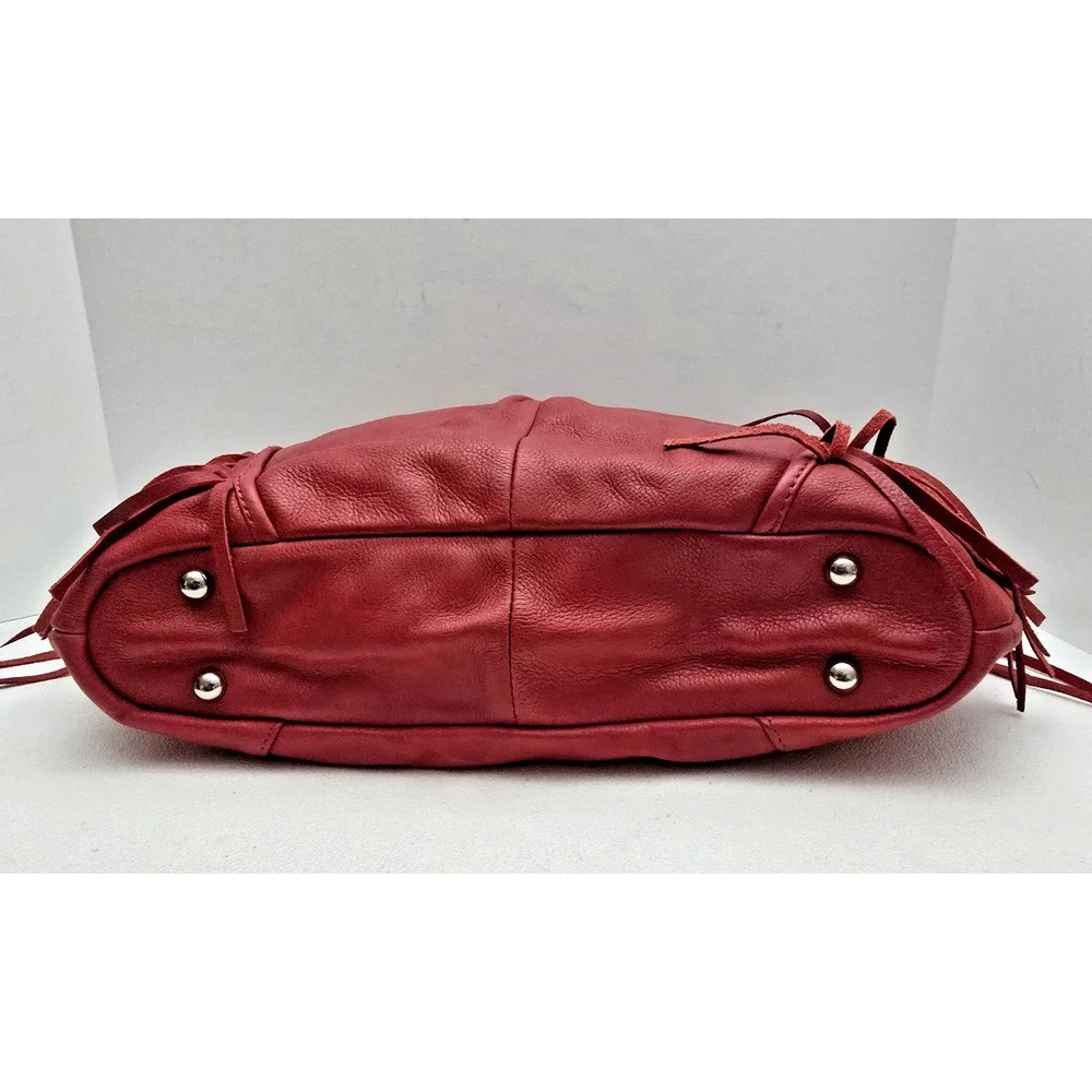 B. Makowsky Red Hobo Handbag Fringe Genuine Leather Pebbled Large